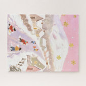 Winter snowy village, children playing, pink hues puzzle (Horizontal)