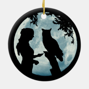 Winter Solstice Girl and Owl Moon Keramik Ornament