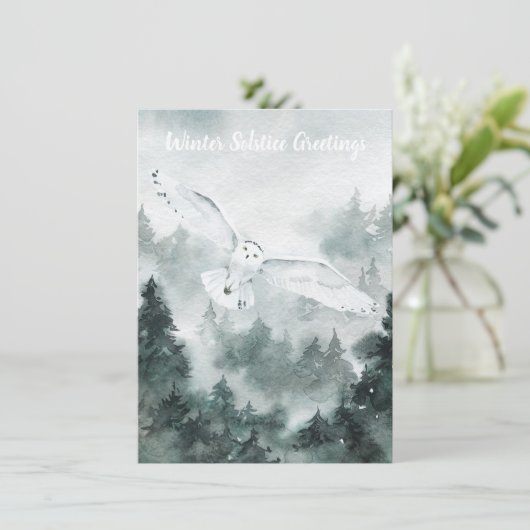 Winter Solstice Gruß Wald Weißes Owl Karte (Stehend Vorderseite)