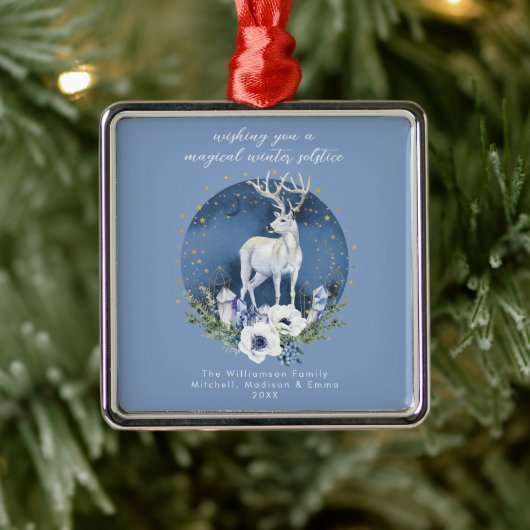 Winter Solstice Holiday Deer Blue White Christmas Ornament Aus Metall (Baum)