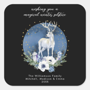 Winter Solstice Holiday Deer Blue White Christmas Quadratischer Aufkleber