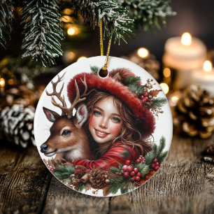 Winter Solstice Holly Girl & Deer Holiday Forest Keramik Ornament