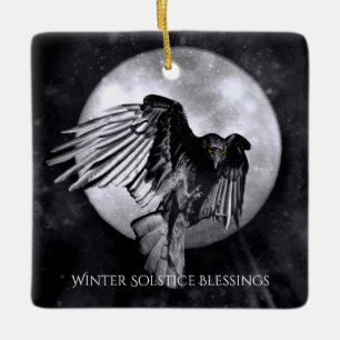 Winter Solstice Raven Crow and Moon Keramikornament