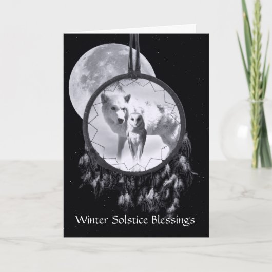 Winter Solstice White Wolf und Owl Dreamcatcher Karte (Vorderseite)