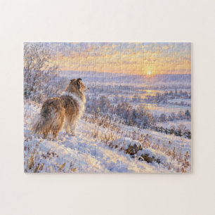 Winter-Sonnenaufgang Hund überblickt schneebedeckt Puzzle
