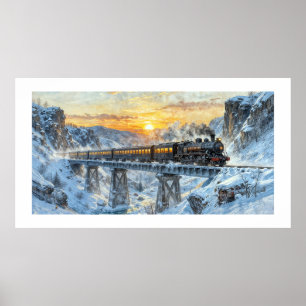 Winter-Sonnenuntergang – Dampflok auf einer schnee Poster