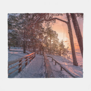 Winter Sonnenuntergang im Kiefernwald in der Nähe Fleecedecke