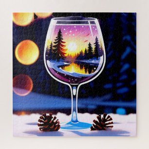 Winter-Sonnenuntergangs-Weinglas-Geschenk für Räts Puzzle