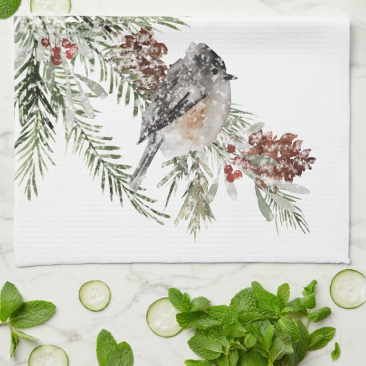 Winter Sparrow Birds Spruce Tree Cones & Berries Geschirrtuch (Gefaltet)