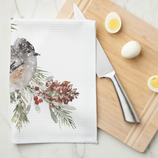 Winter Sparrow Birds Spruce Tree Cones & Berries Geschirrtuch (Viertel Falte)