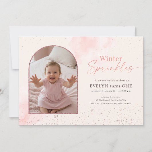 Winter Sprinkles Baby Arch Photo First Birthday Einladung (Vorderseite)