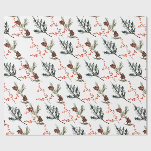 Winter Spruce Pine Branch Cones Red Ilex Berries Geschenkpapier (Flach)