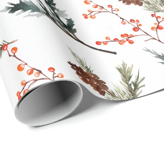 Winter Spruce Pine Branch Cones Red Ilex Berries Geschenkpapier (Rolleneckpunkt)