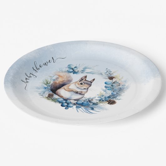 Winter Squirrel Watercolor Kinderdusche Pappteller (Schrägansicht)
