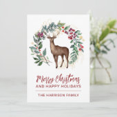 Winter Stag Holly Wreath Feiertagskarte (Stehend Vorderseite)