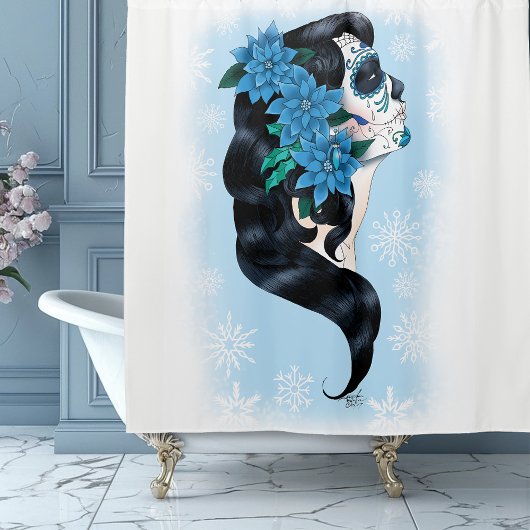 Winter Sugar Skull Blaue Schneeflocken Duschvorhang