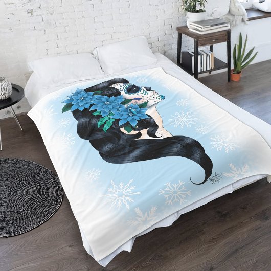 Winter Sugar Skull Blaue Schneeflocken Fleecedecke