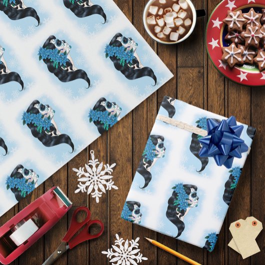Winter Sugar Skull Blaue Schneeflocken Geschenkpapier