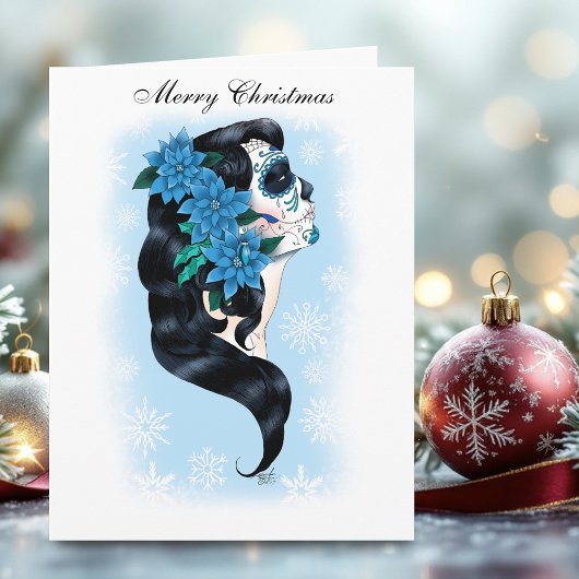 Winter Sugar Skull Blaue Schneeflocken Karte