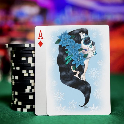 Winter Sugar Skull Blaue Schneeflocken Spielkarten