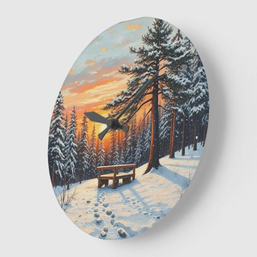 Winter Sunset Baum Pinien Schnee Große Wanduhr (Winkel)