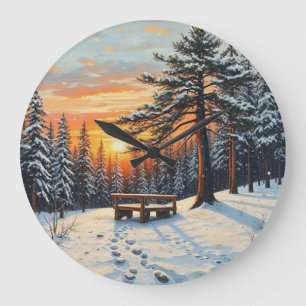 Winter Sunset Baum Pinien Schnee Große Wanduhr