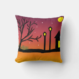 Winter Sunset Street mit Schnee und Silhouetten Kissen