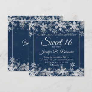 Winter Sweet 16 Geburtstag Silver Navy Schneeflock Einladung
