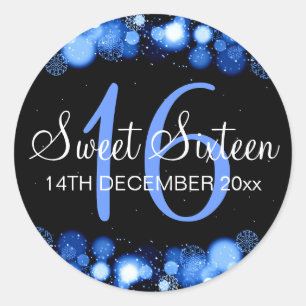 Winter Sweet 16 Geburtstagsparty Blue Bokeh Lights Runder Aufkleber