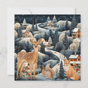 Winter Szene Weihnachtswaldtiere flach Dankeskarte