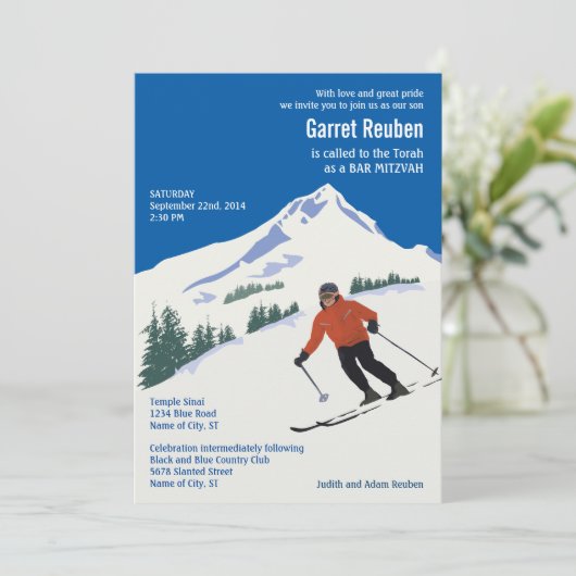 Winter-Szenen-Ski-Erholungsort-Bar Mitzvah Einladung (Stehend Vorderseite)