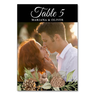 Winter-Tannen-Schwarz-Weiß-Hochzeitstisch-Nummer Tischnummer