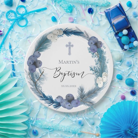 Winter Taufe blauer Kranz Papier Teller (Party)
