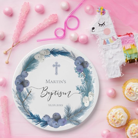 Winter Taufe blauer Kranz Papier Teller (Party)