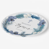 Winter Taufe blauer Kranz Papier Teller (Schrägansicht)