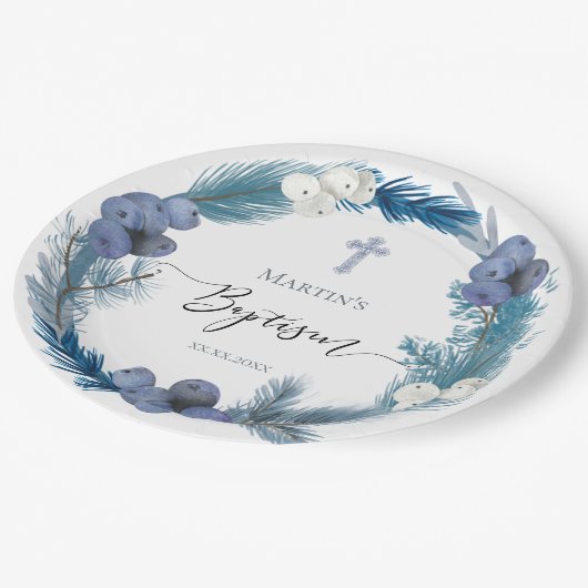 Winter Taufe blauer Kranz Papier Teller (Schrägansicht)