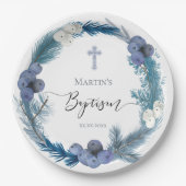 Winter Taufe blauer Kranz Papier Teller (Vorderseite)