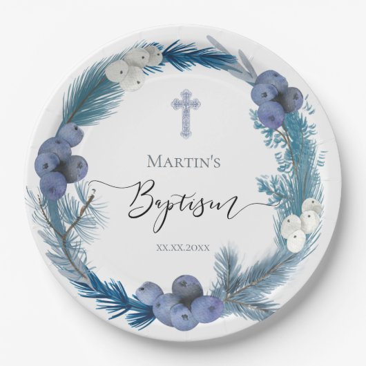 Winter Taufe blauer Kranz Papier Teller (Vorderseite)