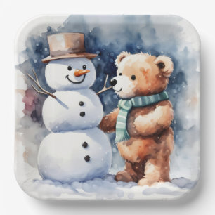 Winter Teddy Bär und Snowman Pappteller