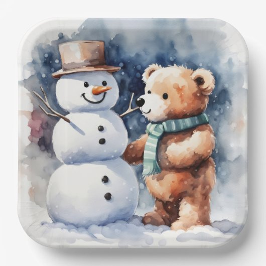 Winter Teddy Bär und Snowman Pappteller (Vorderseite)