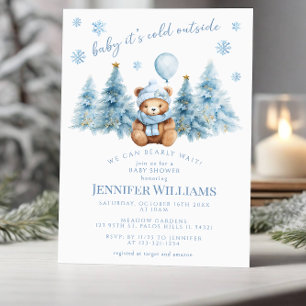 Winter Teddy Bear Pine Snowflakes Baby Girl Dusche Einladung