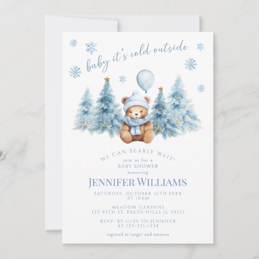 Winter Teddy Bear Pine Trees Baby Boy Dusche Einladung (Vorderseite)