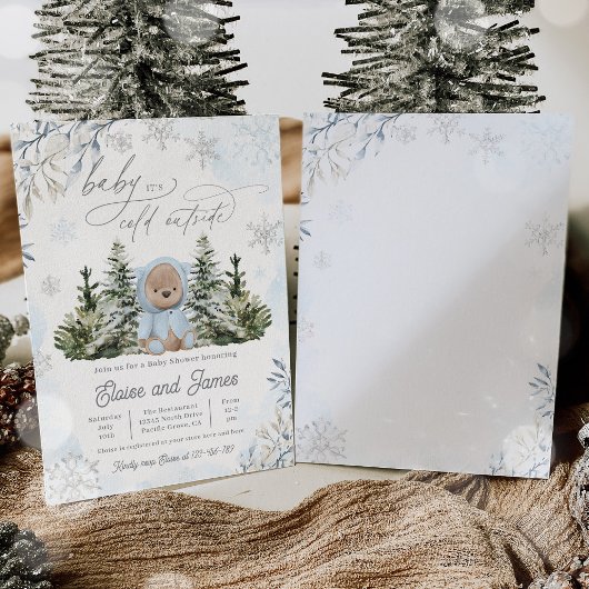 Winter Teddy Bear Snowflakes Blue Boy Baby Dusche Einladung