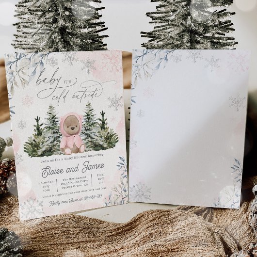 Winter Teddy Bear Snowflakes Pink Girl Baby Dusche Einladung
