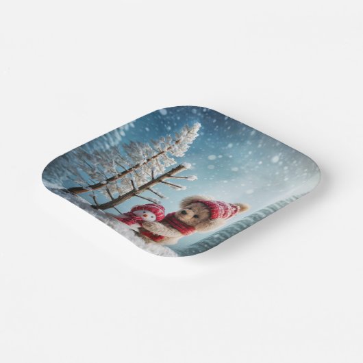 Winter Teddy Bear und Snowman Pappteller (Gewinkelt)