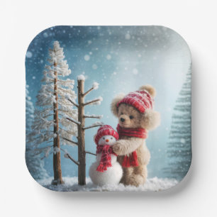 Winter Teddy Bear und Snowman Pappteller
