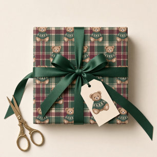 Winter-Teddybär-Ski-Lodge-Burgunder-Schleife Geschenkpapier