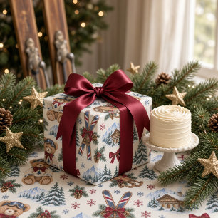 Winter-Teddybär-Ski-Lodge-Burgunder-Schleife Geschenkpapier