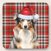 Winter Theme Australian Shepherd Dog Red Kariert Getränkeuntersetzer (Vorderseite)