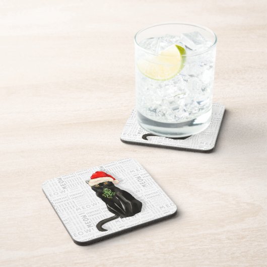 Winter Theme Black Bombay Cat Meow Word Art Getränkeuntersetzer (Rechte Seite)